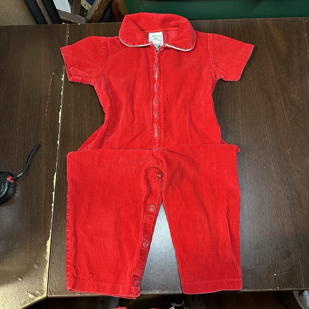 Vintage Neat N Nifty Red Corduroy Romper One Piece Zip Front Baby 18 Months